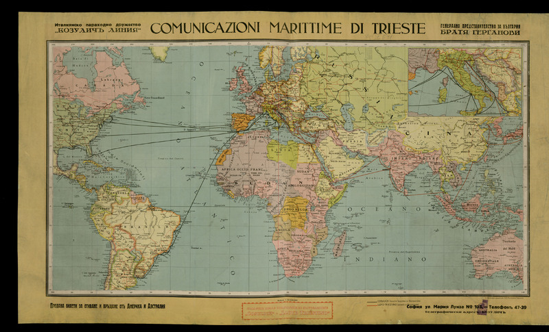 Comunicazioni Marittime di Trieste. planisfero politico con rotte marittime da Trieste