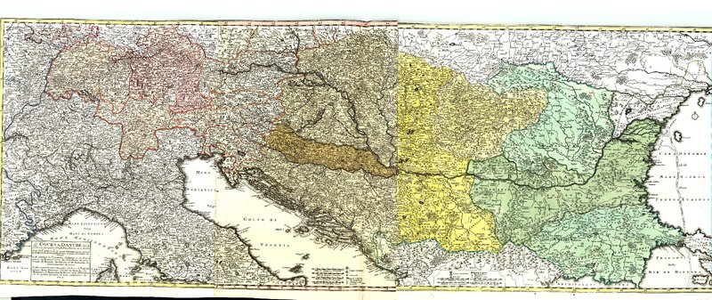 E Cours du Danube des sa source jusqu'a ses Embouchures en 3 feuilles : dont la I comprend les pays Germaniques, Scavoir la Suabe, la Baviere & l'Austriche le tout enlumine de rouge ; la II contient le Royaume de Hongrie, la Principaute de Transilvanie,e