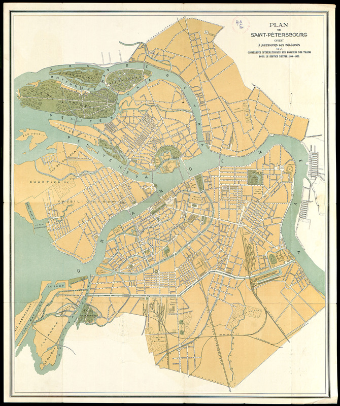Plan de Saint Petersbourg, offert a messieurs les deleques de la conference internationale des horaires des trains pour le service de hiver 1889-1900
