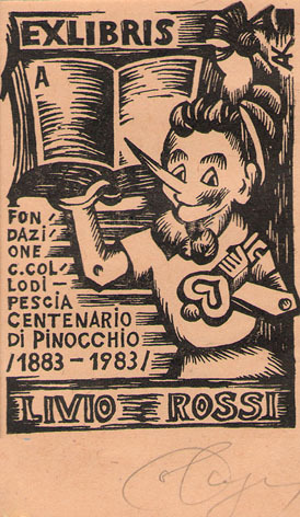 Exlibris Livio Rossi. Fondazione C. Colodi - pescia centenario di Pinocchio [1883-1983]