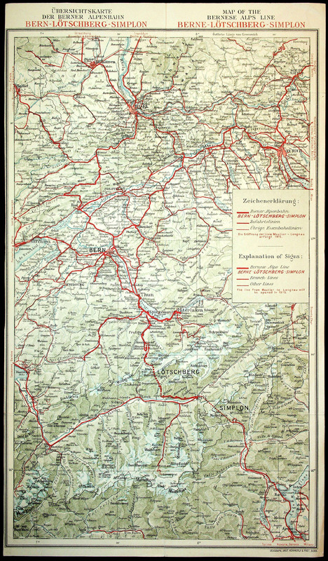 Ubersichtskarte der Berner Alpenbahn Bern - Lotschberg - Simplon