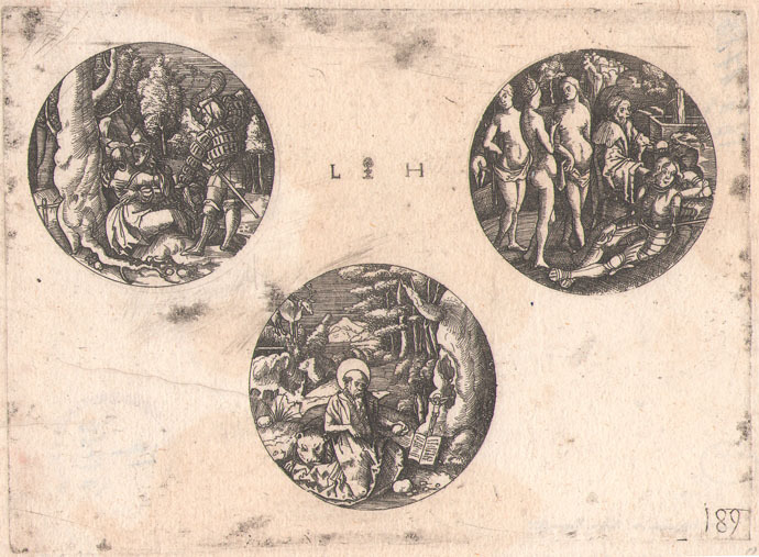 Three Rundels printed from one plate  - St Jerome in the wilderness/ The Judgement of Paris/ An embracing couple