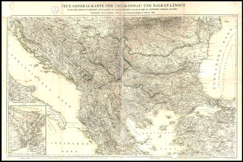 Neue General-Karte der Unter-Donau- und Balkan-Lander : mit den neuen Grenzen von Serbien, Bulgarien und Ost-Rumelien, nach den im Jahre 1879 ausgefuhrten officiellen Aufnahmen