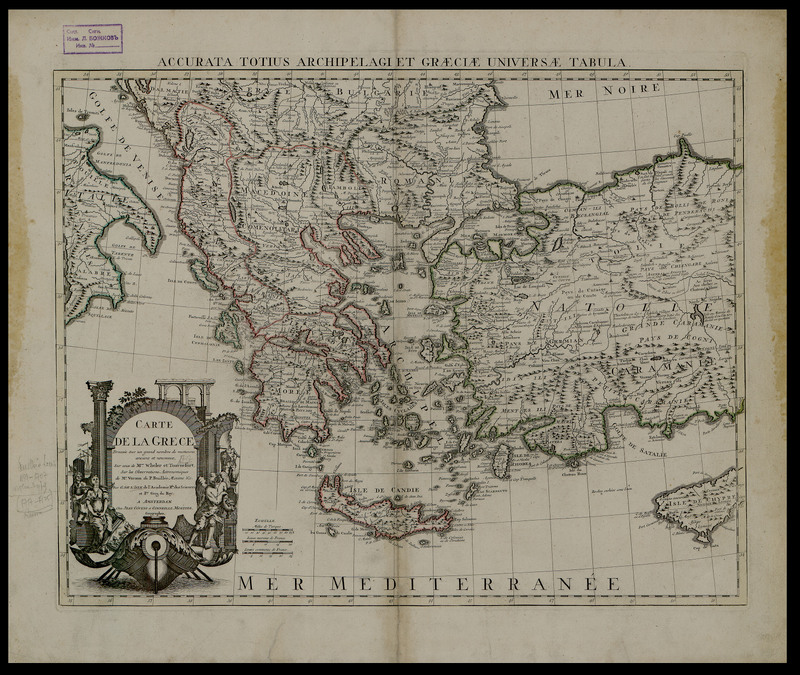 Carte de la Grece. Dressee sur un grand nombre de memoires anciens et nouveaux, sur ceux de Mrs. Wheler et Tournefort, sur les observations astronomiques de Mr. Vernon du P. Feuillee Minime &c. Par G. de l'Isle