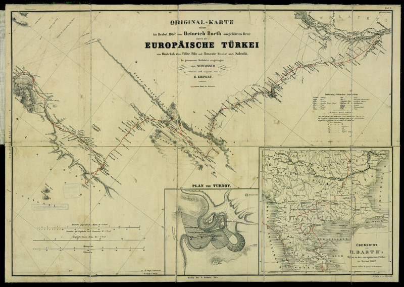 Original-Karte einer im Herbst 1862 von Heinrich Barth ausgefuhrten Reise durch die europaische Turkei von Rustchuk uber Filibe, Rilo und Monastir (Bitolia) nach Saloniki in grosserem Maisstabe eingetragen vom Verfasser