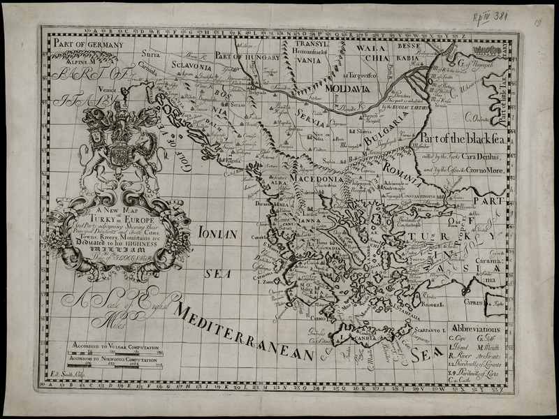 New map of Turkey in Europe and parts adjoining showing their principal divisions and chiefe cities, towns, rivers, mountains &c