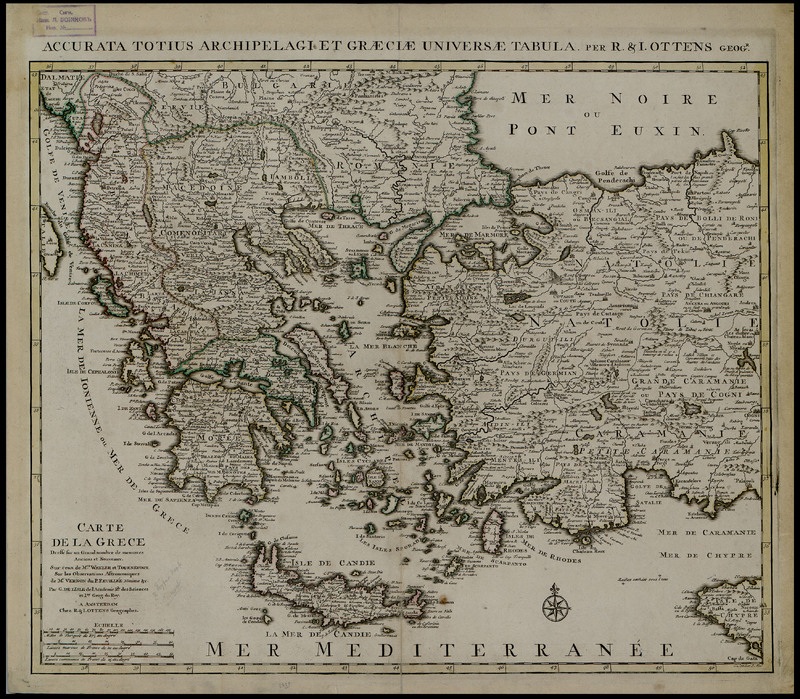 Carte de la Grece. Dressе sur un grand nombre de memoires anciens et nouveaux, sur Ceux de Mrs. Wheler et Tournefort sur les Observation Astronomiques de Mr. Vernon du P. Feuillеe Minime & C.