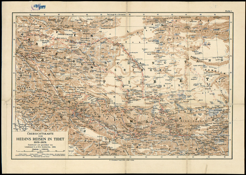 Ubersichtskarte von Hedins Reisen in Tibet 1906-1908.