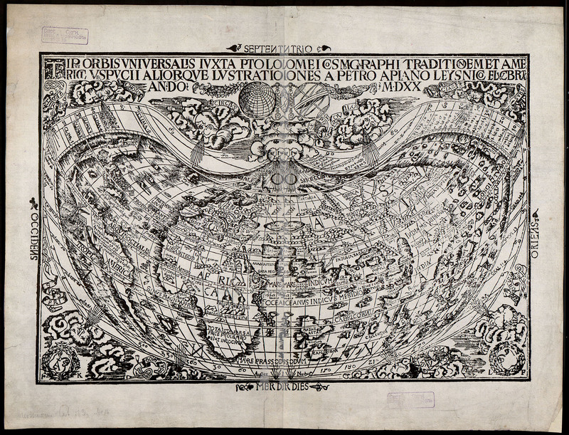 Tipus Orbis Universalis iuxta Ptolemei Cosmographi Traditionem et Americi Vespucii Aliorque Lustrationes a Petro Apiano Leysnico Elucbrat An. Do. MDXX
