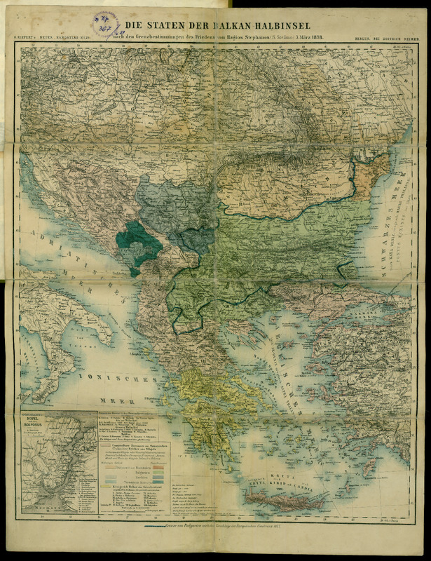 Die Staten der Balkan-Halbinsel nah den Grenzbestimmungen des Friedens von Hagios Stephanos (S. Stefano) 3. Marz 1878