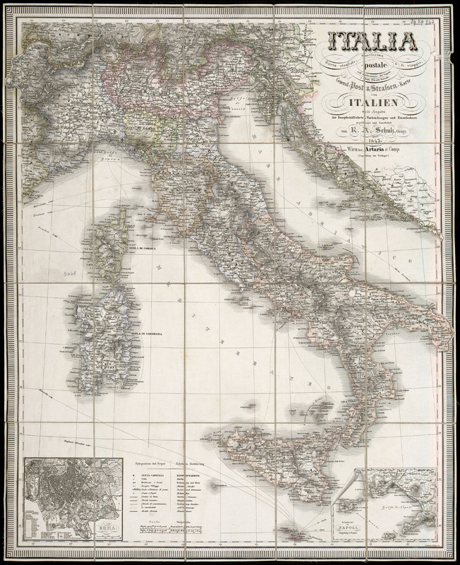Italia - Nuovissima carta stradale - postale - e di viaggio, coll'indicazione dei vapori e delle strade ferrate, General-Post- und Strassen-Karte von Italien mit Angabe der Dampfschiffahrts-Verbindungen und Eisenbahnen. Karte mit zwei Nebenkarten von Rou