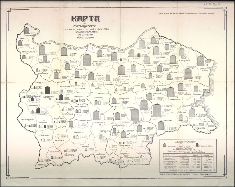 Карта на производството на пшеница, ръж и смес от тях. Реколта 1935 година в Царство България