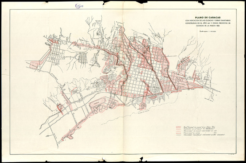 Plano de Caracas con indicacion de las cloacas y obras sanitarias construidas en el ano 1937 y zonas provistas de cloacas de la nueva red