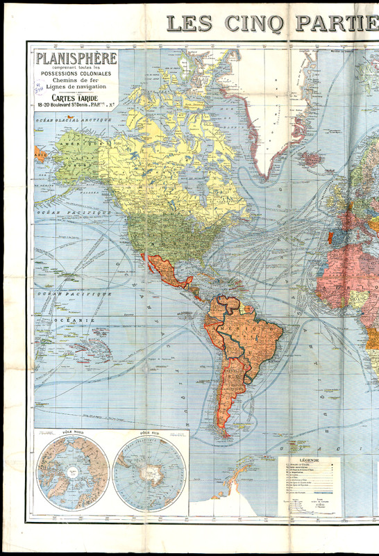 Les sinq parties du monde - planisphère comprenant toutes les possessions coloniales, chemins de fer, lignes de navigation