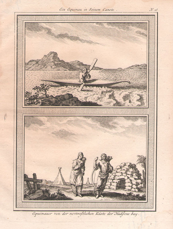 Ein Equimau in Seinem Canote. Equimauer von der nortwestlichen Kuste der Hudsons bay