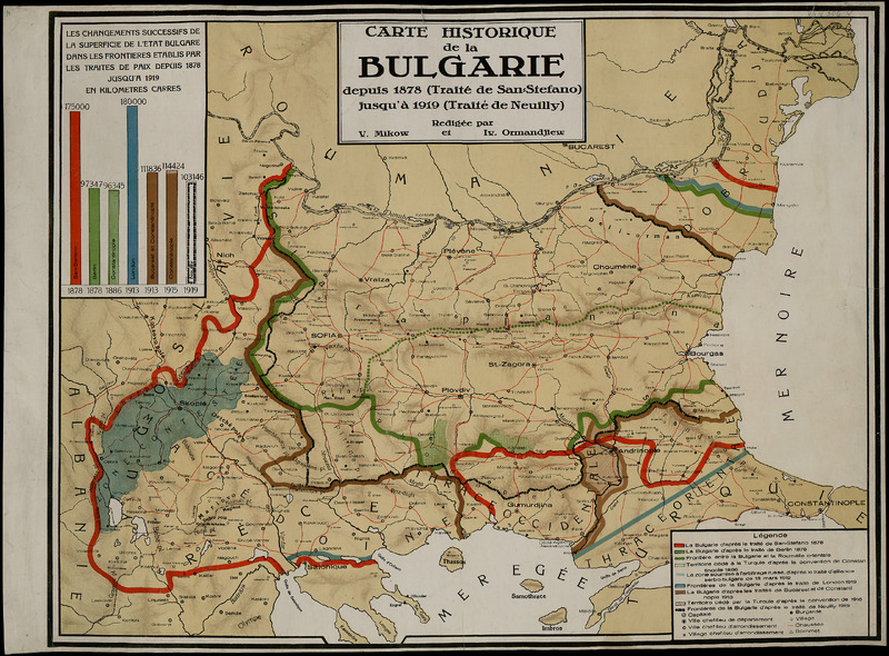 Carte historique de la Bulgarie, depuis 1878 (Traite de San-Stefano) jusqu'a 1919 (Traitede Neully)