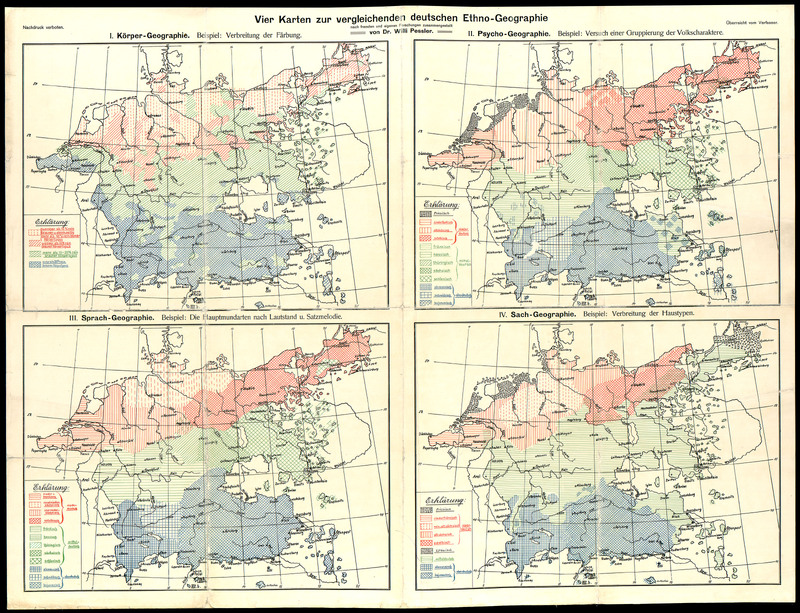 Vier Karten zur vergleichenden deutschen Ethno-Geographie nach fremden und eigenen Forschungen zusammengestellt von Dr. Willi Pessler