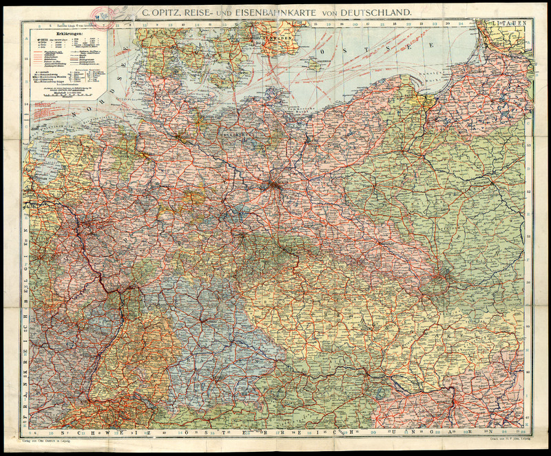 Reise- und Eisenbahnkarte von Deutschland . [Nach amtl. Quellen bearb. u. hrsg.:] C. Opitz. [Neu bearb. von A. Friede]