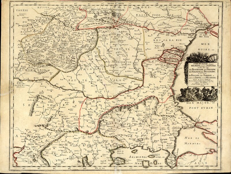 Cours du Danube de puis Belgrade jusques au Pont Euxin, ou font d`un coste la Transilvanie, la Valaquie, la Moldavie, la Bessarabie et de l`autre la Bulgarie, la Romanie et partie de la Servie, et de la Macedoine, tirees de divers Autheurs