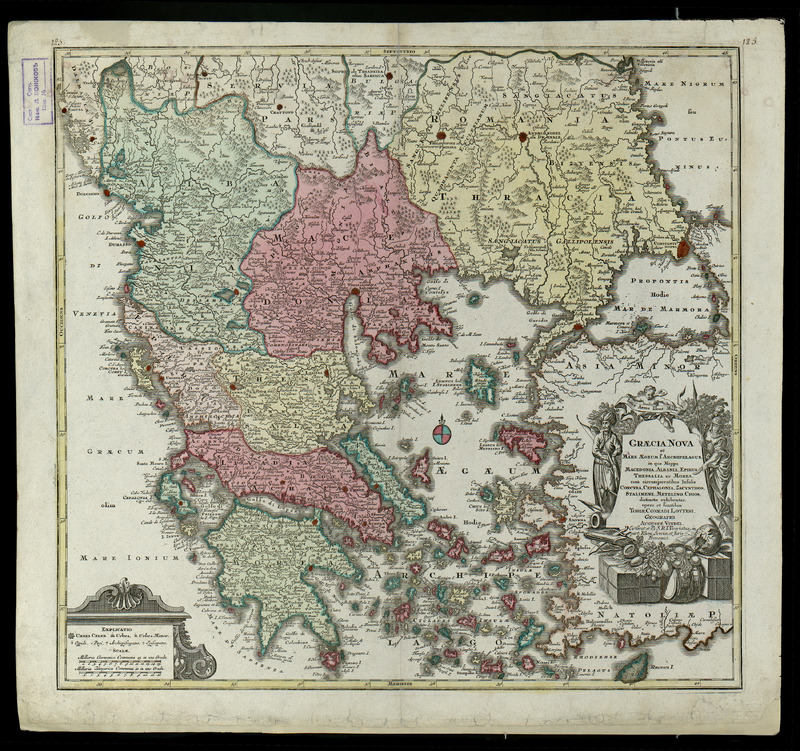 Graecia Nova et Mare Aegeum s[ive] Archipelagus, in qua Mappa Macedonia, Albania, Epirus, Thessalia et Morea, cum circumjacentibus insulis Corcyra, Cephalonia, Zacynthos, Stalimene, Metelino, Chios distrinctae exhibentur