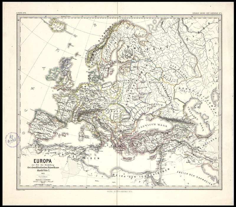 Europa zur Zeit der Herstellung des abendlandischen Kaiserthums durch Otto I. (962).Von Th. Menke