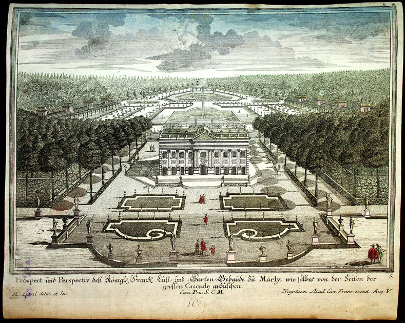 Prospect and perspective des Konige strase zuft und Garten Gebaude zu Marly wie Selbes von der Seiten der grossen Cascade anzubehen