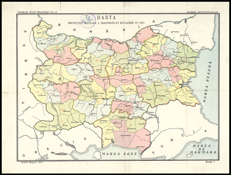 Harta inpartirei militare a teritoriuliu Bulgariei in 1914