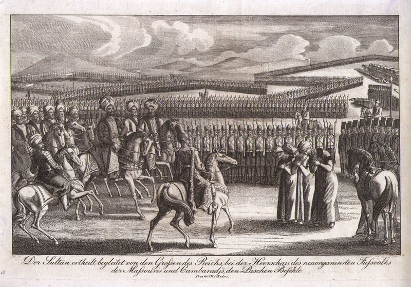Der sultan ertheilt begleitetvon den Grofsendes reichs bei der Heerschau des neuorganisirten Fufsvolks der Mafsouris und Gambaradis, den Laschen befehle