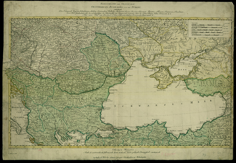 Kriegstheater oder Graenzkarte Oesterreichs, Russlands, und der Turkey,enthaltend das Koenigreich Ungarn, Siebenburgen, Moldau, Bessarabien, Walachey, Bulgarien, Servien, Bosnien, Sclavonien, Croatien, Albanien, Romanien...