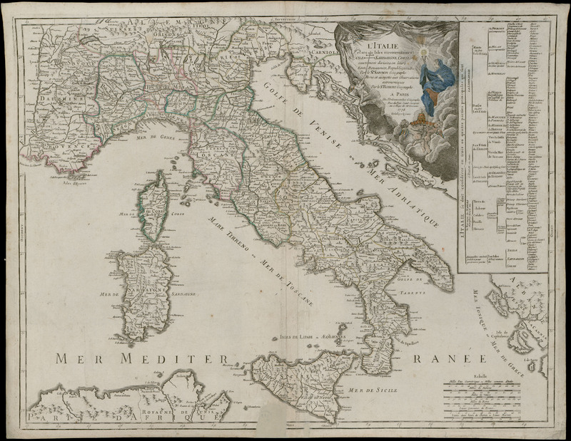 L'Italie,et ses Isles circonvoisines Sicile, Sardaigne, Corse & exactement divisees en leurs Etats, Royaumes, Republiques