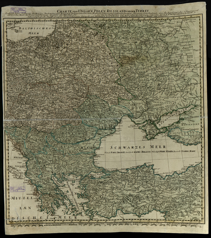 Charte von Ungarn, Polen, Russland und der Turkey : enthaelt Polen, Galizien, die Moldau, Bukowina und Walachey, Bulgarien, Servien, Bosnien, Sclavonien, Croatien, Dalmatien, Albanien, Griechenland, den Archipelagus, das Schwarze und Asovische Meer, die