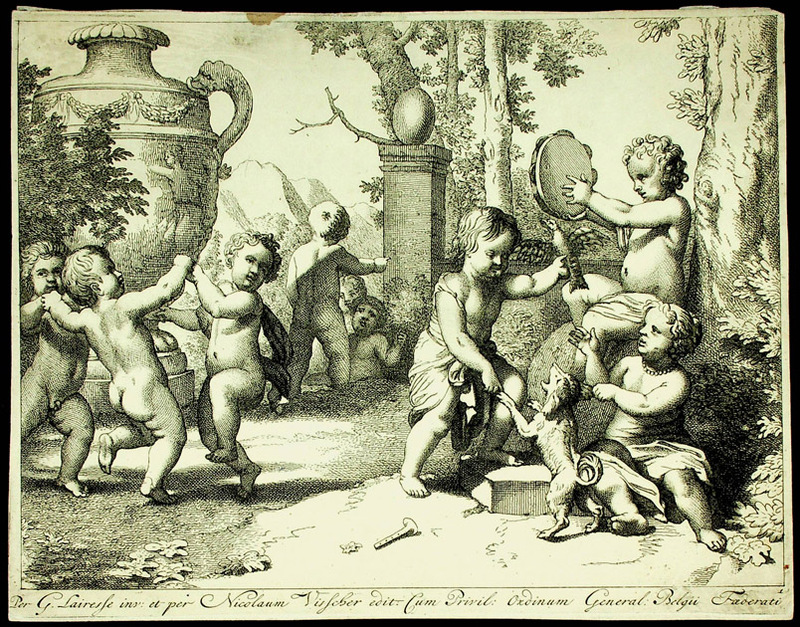 [Putti playing musical instruments and a dog]