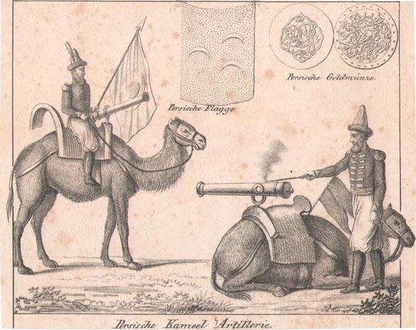 Persische Kameel Artillerie. Persische Flagge. Persische Goldmunze.