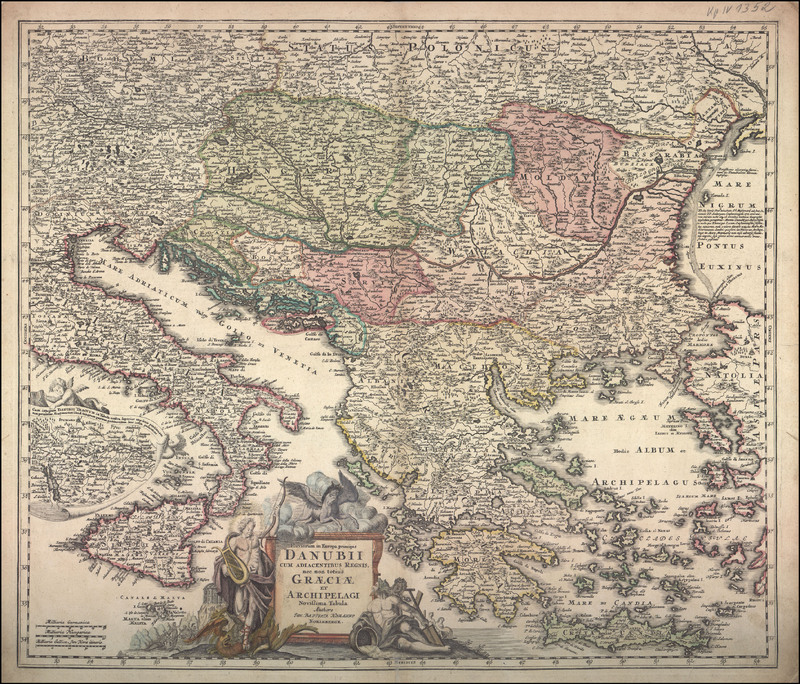 Fluviorum in Europa principis Danubii cum adiacentibus Regins, nec non titius Graeciae et Archipelagi. Novissima tabula