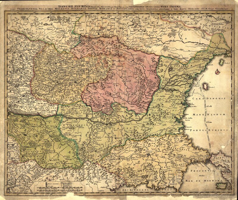 Danubii fluminis (hic ab urbe Belgrado, per Mare Nigrum usque Constantinopolim defluentis exhibiti) pars infima, in  qua Transylvania, Walachia, Moldavia, Bulgaria, Servia, Romania et Bessarabia cum vicinis regionibus ostenduntur...
